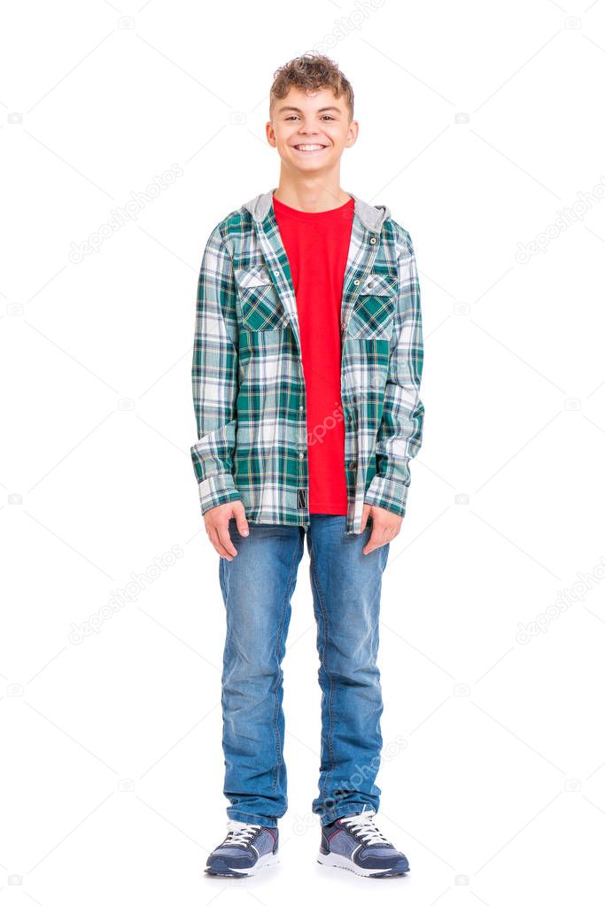 Full length portrait of young caucasian teen boy, isolated on white background. Handsome child -Funny teenager looking at camera and smiling.