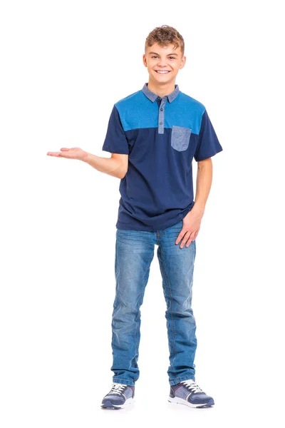 Full Length Portrait Teen Boy Holding Something Imaginary Palm Isolated — Stock Photo, Image