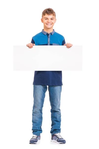 Retrato Comprimento Total Jovem Caucasiano Adolescente Segurando Placa Branca Engraçado — Fotografia de Stock