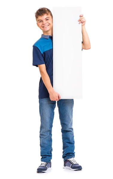 Full Length Portrait Young Caucasian Teen Boy Holding White Board — Stock Photo, Image