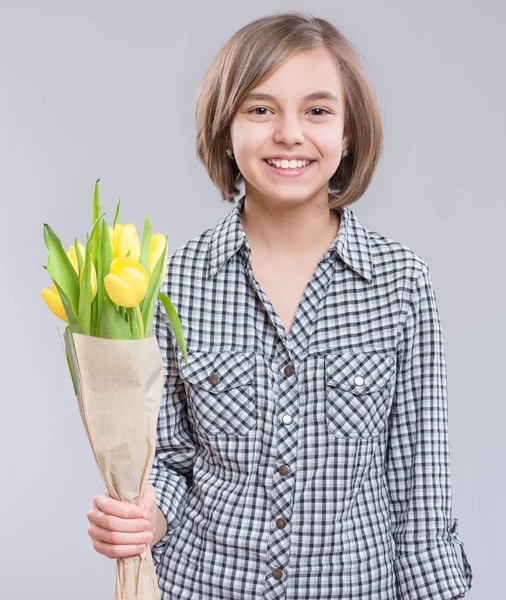 Beautiful Girl Holding Bouquet Tulips Gray Background Teen Girl Has — Stock Photo, Image