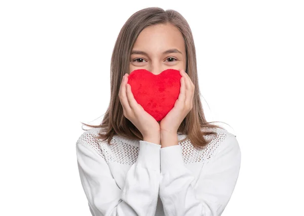 Happy Valentines Day Ładna Nastolatka Dziewczyna Miłości Czerwone Pluszowe Serce — Zdjęcie stockowe