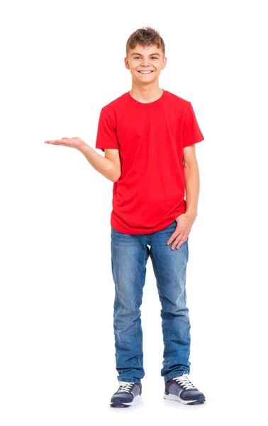 Full Length Portrait Teen Boy Holding Something Imaginary Palm Isolated — Stock Photo, Image