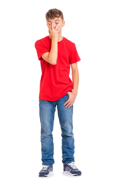 Ολόσωμο Πορτρέτο Του Καυκάσου Κουρασμένος Έφηβος Αγόρι Απομονώνονται Λευκό Φόντο — Φωτογραφία Αρχείου