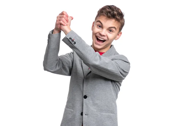 Portrait Young Caucasian Teen Boy Suit Isolated White Background Victory — Stock Photo, Image