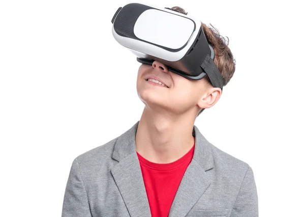 Happy Teen Boy Wearing Virtual Reality Goggles Watching Movies Playing — Stock Photo, Image