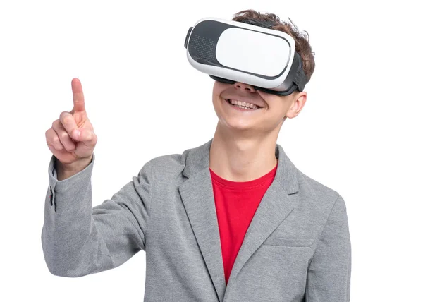 Happy Teen Boy Wearing Virtual Reality Goggles Watching Movies Playing — Stock Photo, Image