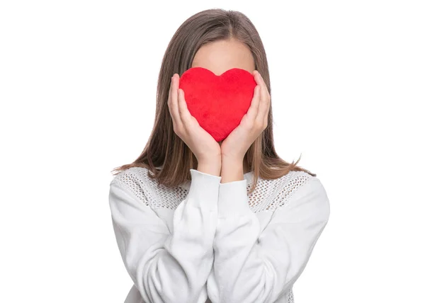 Happy Valentines Day Ładna Nastolatka Dziewczyna Miłości Czerwone Pluszowe Serce — Zdjęcie stockowe