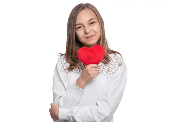 Feliz Dia Dos Namorados Menina Adolescente Bonito Com Coração Pelúcia — Fotografia de Stock