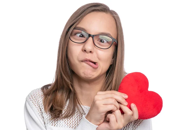 Happy Valentines Day Miłości Cute Młoda Dziewczyna Nastolatka Okularach Czerwone — Zdjęcie stockowe