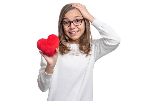 Feliz Día San Valentín Sorprendida Linda Joven Adolescente Con Gafas — Foto de Stock