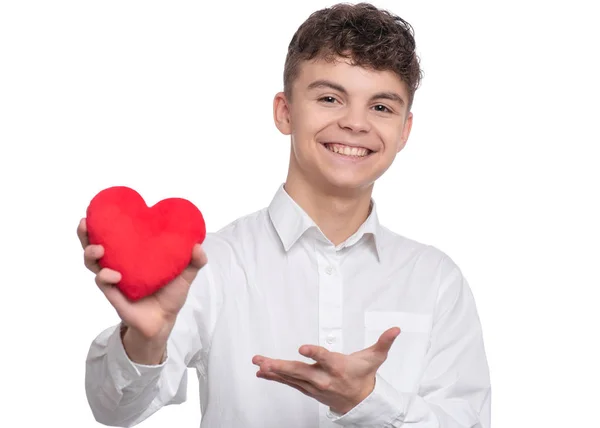Днем Святого Валентина Симпатичный Молодой Влюблённый Подросток Красным Плюшевым Сердцем — стоковое фото