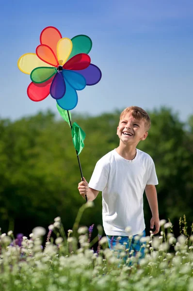 Criança brincando com moinho de vento no campo — Fotografia de Stock