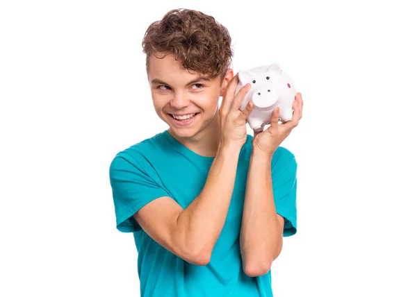 Teen boy holding piggy bank — Stock Photo, Image