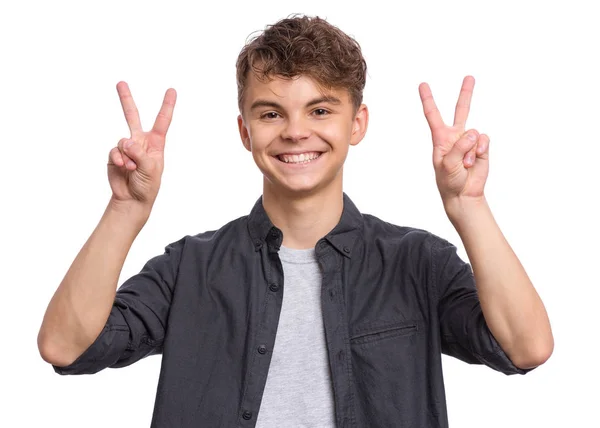 Adolescente menino em camisa preta no branco — Fotografia de Stock