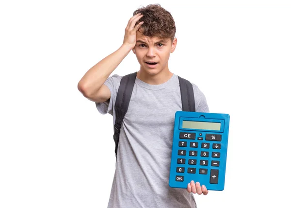 Tiener jongen met grote Calculator — Stockfoto