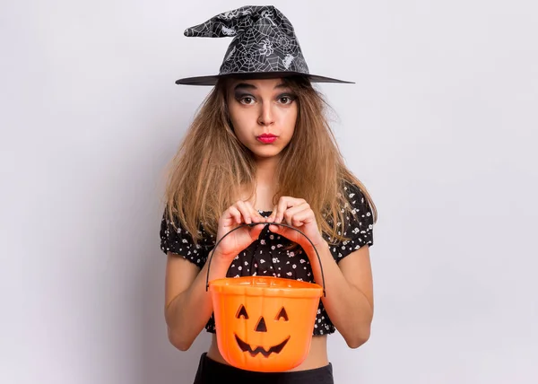 Teen girl in witch black hat — Stock Photo, Image