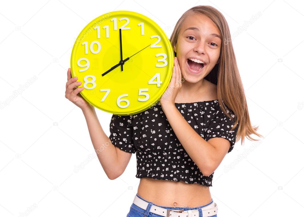 Teen Girl holding big clock