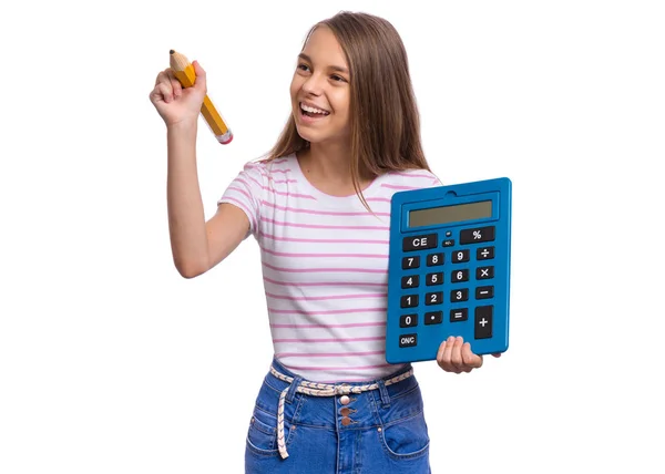 Tiener meisje met groot rekenmachine — Stockfoto