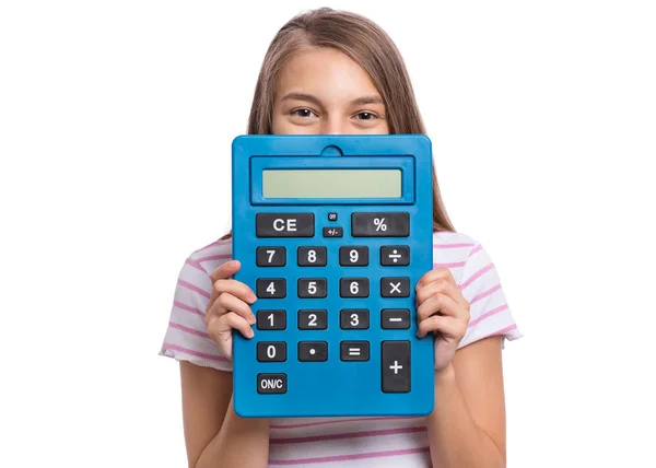 Tini lány nagy számológép — Stock Fotó