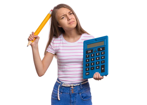 Tiener meisje met groot rekenmachine — Stockfoto