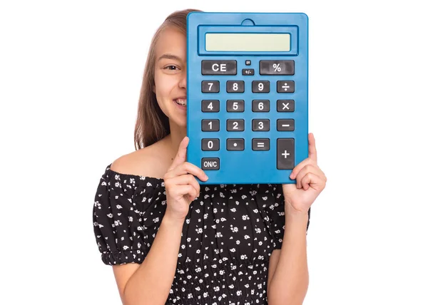 Tini lány nagy számológép — Stock Fotó