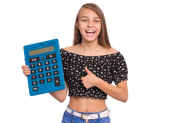 Tiener meisje met groot rekenmachine — Stockfoto