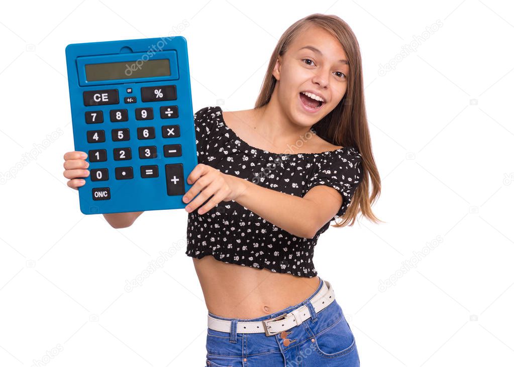 Teen girl with big calculator