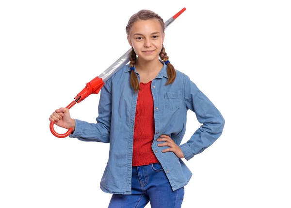 Teen girl with umbrella on white — Stock Photo, Image