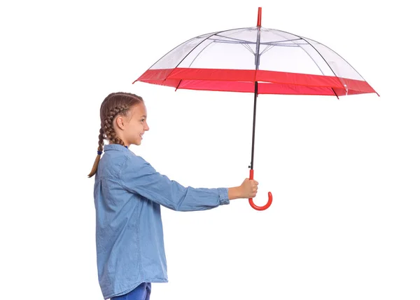 Adolescente chica con paraguas en blanco — Foto de Stock