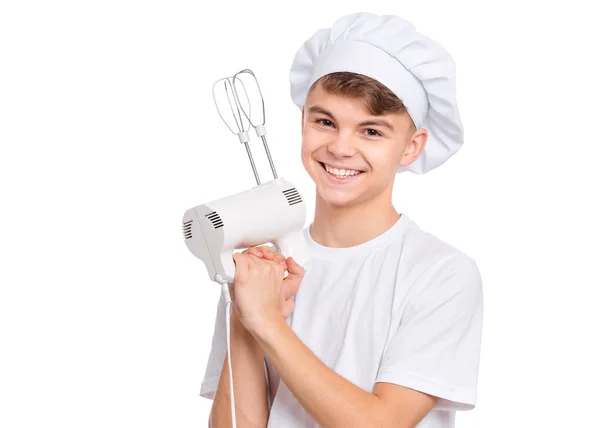 Teen boy w kapeluszu szefa kuchni — Zdjęcie stockowe