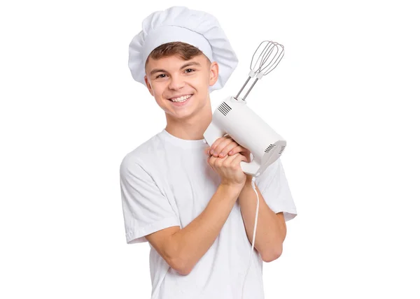 Menino adolescente em chapéu de chef — Fotografia de Stock