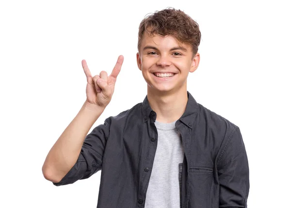 Adolescente menino em camisa preta no branco — Fotografia de Stock