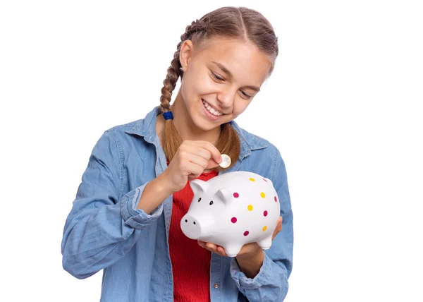 Teen girl holding piggy bank — Stock Photo, Image