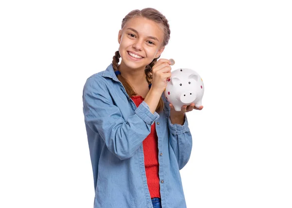 青少年 女孩 拿着 小猪 银行 — 图库照片