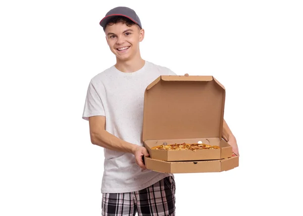 Adolescente chico con pizza — Foto de Stock