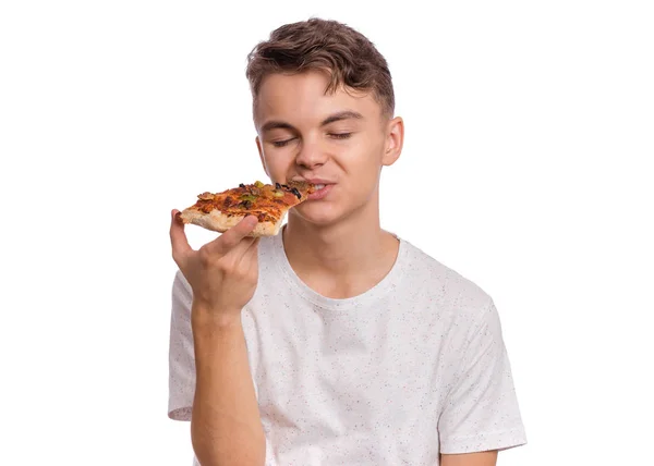 Adolescente chico con pizza — Foto de Stock