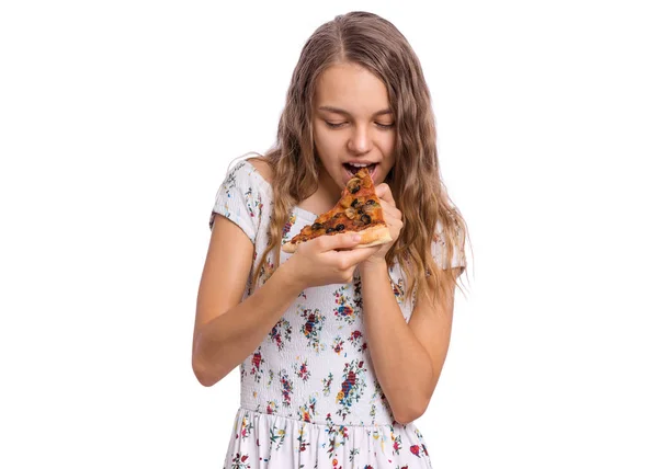 Teen flicka med pizza — Stockfoto