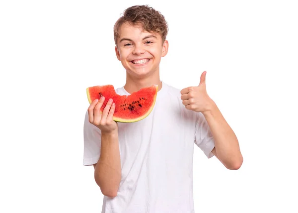 Tiener jongen met watermeloen op wit — Stockfoto