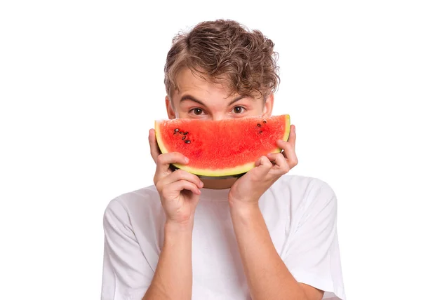 Adolescente menino com melancia no branco — Fotografia de Stock