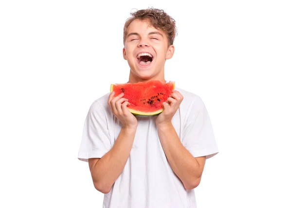 Teen chlapec s melounem na bílém — Stock fotografie