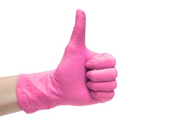 İşareti simgesi pembe medikal ürünler yapılmış gibi. El parmak sembol. Jest yaşasın. Beyaz arka plan üzerinde izole