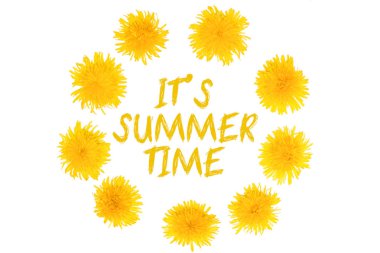 Yaz zamanı afiş Merhaba. Sezon meslek, haftasonu, tatil logosu. Mutlu yaz gün. Sarı karahindiba çiçek çiçek açmış. Karahindiba beyaz