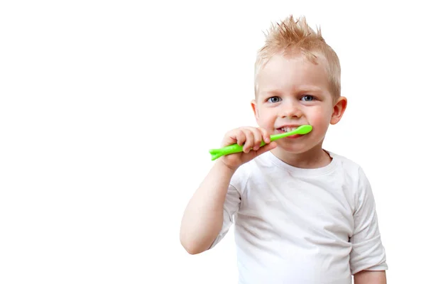 Niño Niño Feliz Niño Cepillarse Los Dientes Sobre Fondo Blanco — Foto de Stock