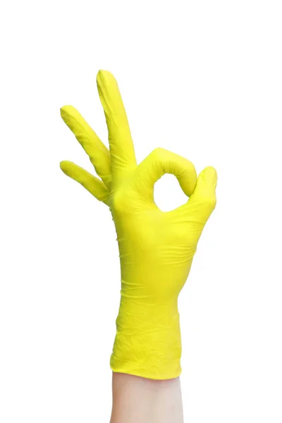Sign Made Yellow Medical Gloves Fingers Okay Symbol — Stock Photo, Image