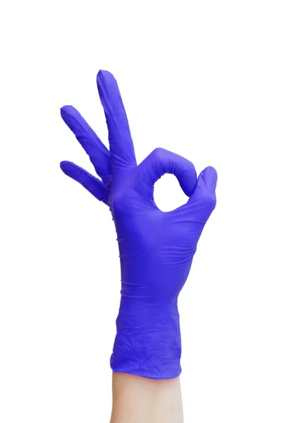 Zeichen Aus Lila Medizinischen Handschuhen Finger Okay Symbol — Stockfoto