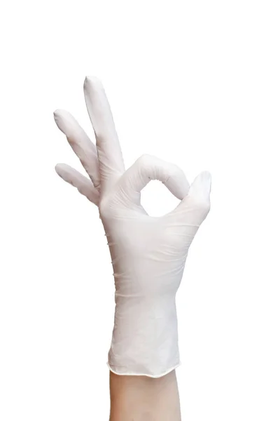 Zeichen Aus Weißen Medizinischen Handschuhen Finger Zeigen Okay Symbol — Stockfoto