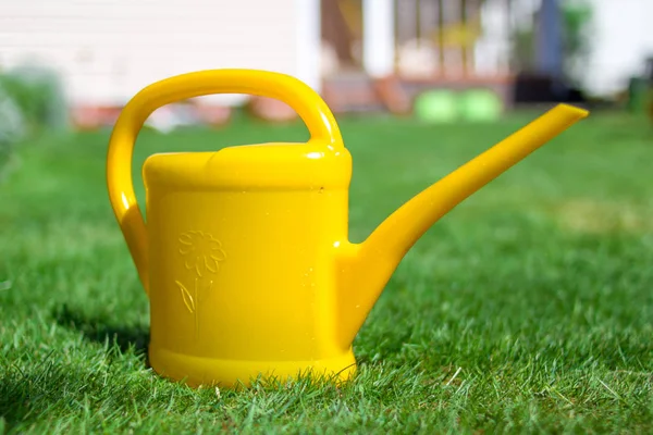 Yellow Watering Can House Background Gardening Planting Concept Working Garden — Stock Photo, Image