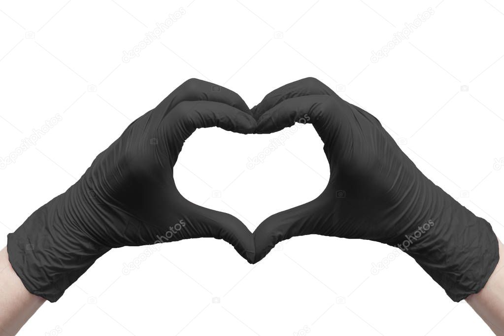Hands heart made of black medical gloves isolated on white background