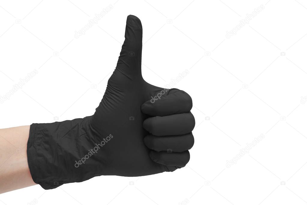 Like sign icon made of black medical gloves. Hand finger up symbol. Thumbs up gesture. Isolated on white background
